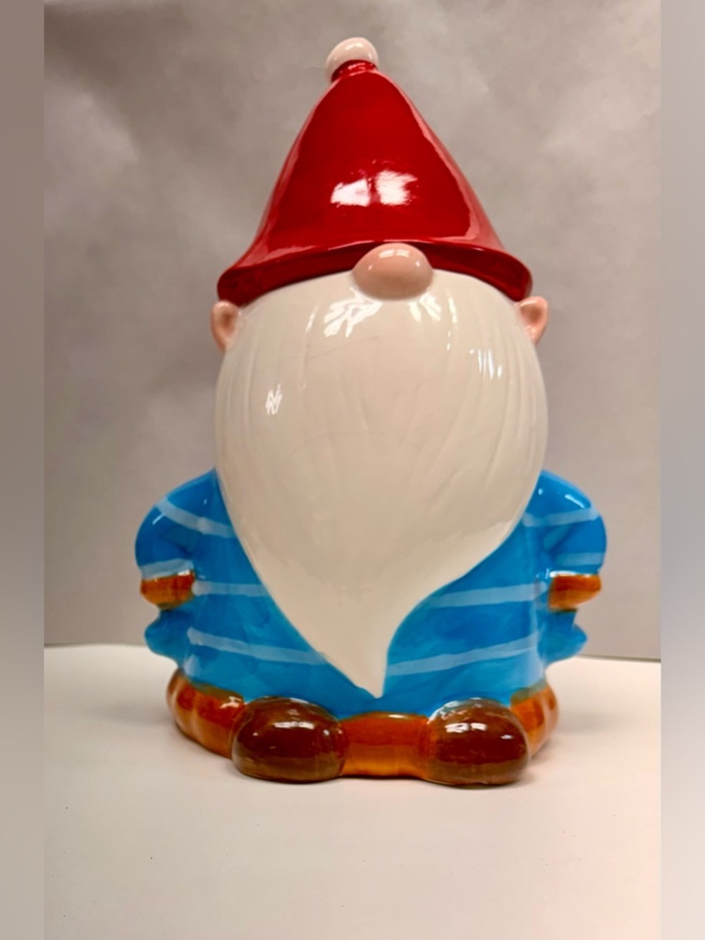 Holiday Time Red-Hat Ceramic Gnome Cookie Jar with Blue Striped Coat -New in Box